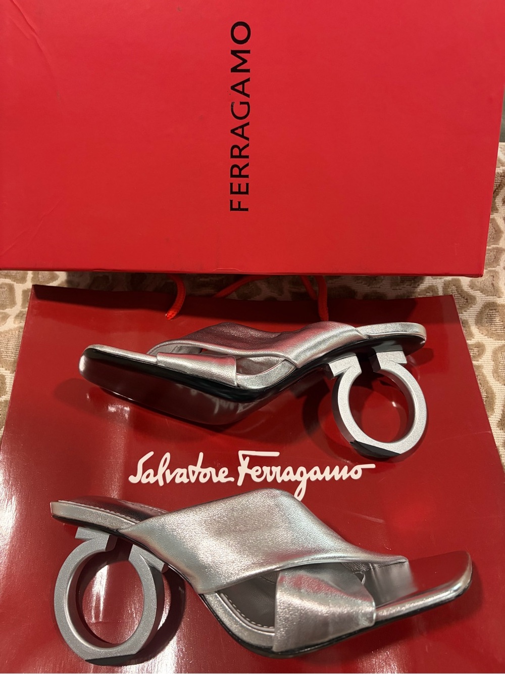Ferragamo Silver Metallic Circular-Heel Slide Sandals - Picture 6 of 16